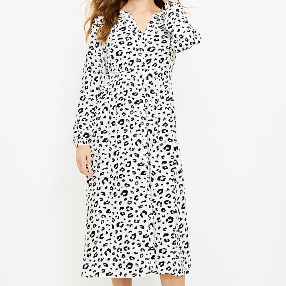 LOFT Leopard Print Midi Shirt Dress - White - Size 8 - White Black